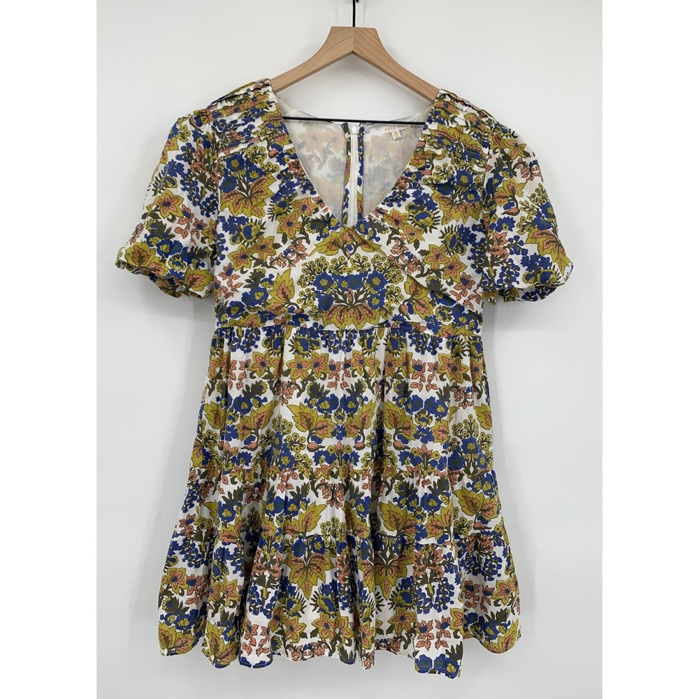 Anna Cate Dress Womens Medium Blue Yellow Floral Boho Cotton‎ Summer Party
